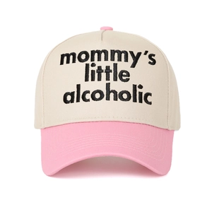 Pink and off-white two-tone baseball cap with Mommy's Little Alcoholic embroidery