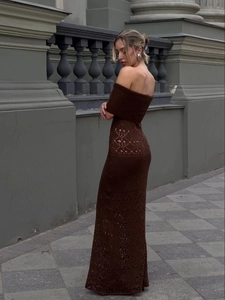 Brown off-the-shoulder hollow out knit maxi dress with diamond crochet pattern design