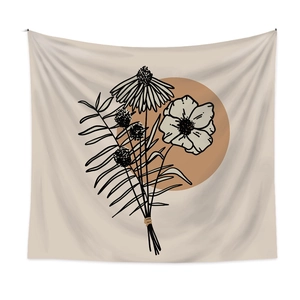 Bohemian tapestry featuring minimalist floral art on a beige cotton-linen fabric