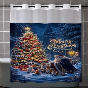 Detail view of hooks design on Christmas shower curtain with Santa and Fox print