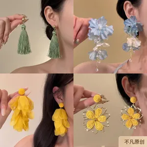Flower Tassel Drop Earrings With 925 Sterling Silver Earring Post Tulle Fabric Beads Bohemian Vacation Style For Women