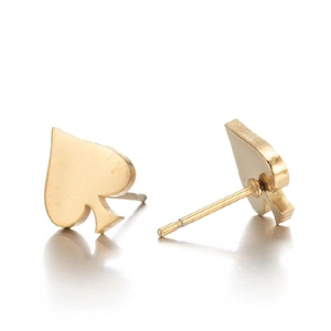 Minimalist gold spade stud earrings with matte finish and surgical steel pin on white base