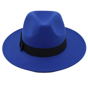 Detailed close-up of the royal blue wool felt fedora featuring a sleek black ribbon band