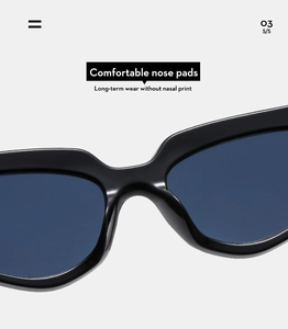 Detail of comfortable nose pads on black cat-eye sunglasses for long-term wear
