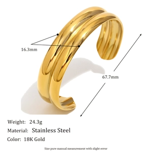 18K gold plated stainless steel double-layer wide open bangle for women, 16.3mm width