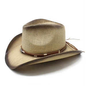 Western style woven straw cowboy hat with distressed brim and beaded leather band detail