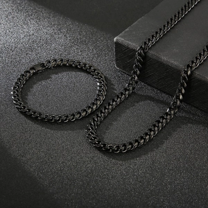 Detail view of black Cuban link necklace and bracelet set in a professional jewelry display