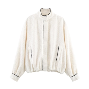 Damen Strukturierte Tweed Jacke Stehkragen Kontrastbesatz Kurz Locker Reißverschluss Mantel Lässig Elegant Stil