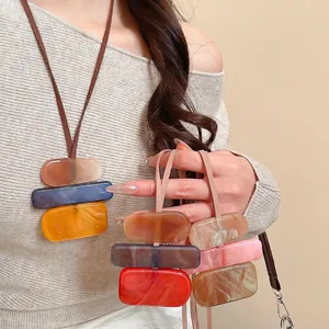 Geometric Stacked Pendant Necklace Acrylic Resin Marble Texture Long Leatherette Cord Sweater Chain For Women