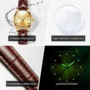 OLEVS gold quartz watch with brown leather strap featuring luminous dial and date function