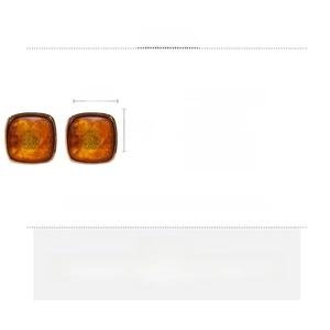 Detail view of square amber resin stud earrings with size 2.2x2.2cm and material specs