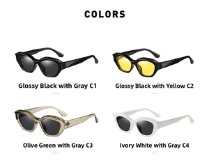 Detailed color options of small frame polarized sunglasses in black, yellow and ivory