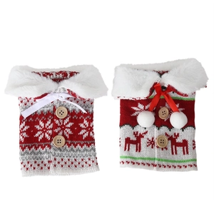 Christmas knit wine bottle covers with white fur collars and classic reindeer patterns