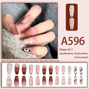 Long ballet press-on nails with nude gradient, cow print and plaid pattern designs