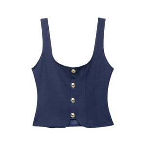 Navy blue slim vest with gold buttons and twill texture on a clean white background
