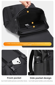 Detailed view of the internal compartments and functional zones of the black business backpack