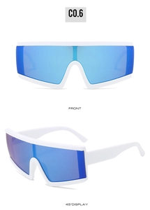 Zwei Ansichten der weißen Oversize-Punk-Sonnenbrille mit blauen Spiegelgläsern