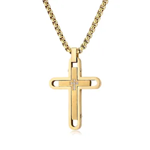 Cross Pendant Necklace Men Stainless Steel Layered Design Rhinestone Inlay Box Chain Jewelry Plated Gold Silver