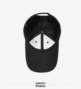 Interior view of black baseball cap showing mesh ventilation and reinforced inner seams