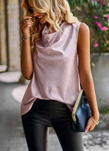 Haut chic sans manches rose avec taches léopard et décolleté satiné drapé pour femme