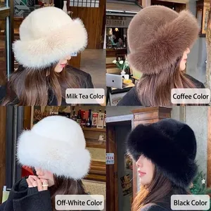 Winter plush faux fur bucket hat for women in beige, coffee, black, and milk tea colors