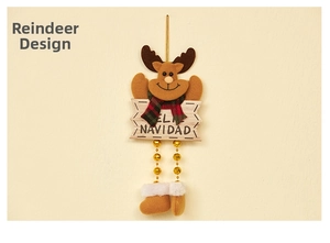 Detail of Christmas reindeer hanging ornament with Feliz Navidad sign and beaded legs