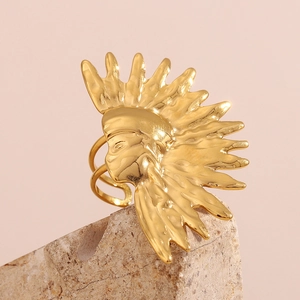 Detailed view of 18K gold plated Indian chief head ring with textured feather details