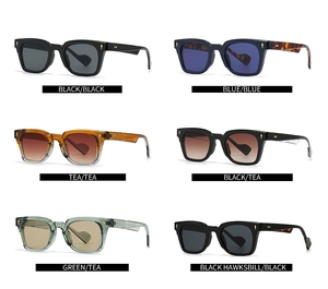Detailed grid view showing six vintage square sunglasses color options with leopard style temples