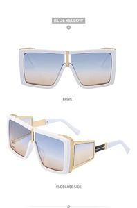 Front and side view of steampunk white square sunglasses with blue yellow gradient lenses