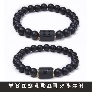 Zodiac Constellation Beaded Bracelet Natural Matte Black Agate Stone Alloy Spacers Unisex Jewelry Gift For Men Women