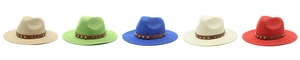 Detail of five-color straw cowboy hats with studded leather bands on white backdrop