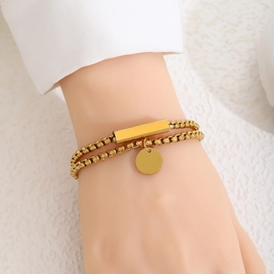 Stainless Steel Double Layer Box Chain Bracelet Rectangle Magnetic Bar Round Tag Minimalist Geometric Jewelry Unisex