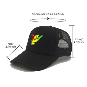 Black Shaka gesture trucker hat with size specs: 55-59cm circumference and 7cm brim