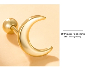 Detail of gold moon stud earring featuring 360 degree mirror polishing and screw back