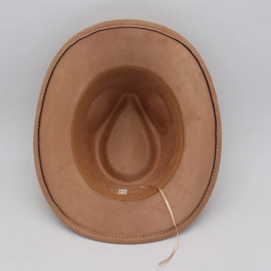 Detail of brown suede fedora interior featuring sweatband and contrast stitching