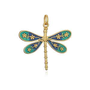Macro detail of golden dragonfly pendant with green and blue enamel wings and flower motif