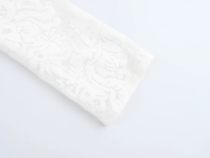 Close-up of white lace fabric with floral patterns and delicate texture details