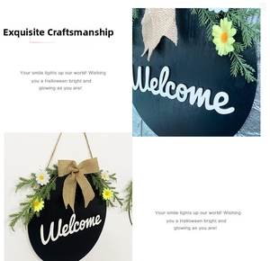 Detail of wooden welcome sign with 3D letters, burlap bow, daisies and pine needles