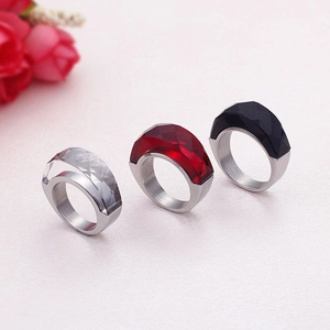 Geometric Wide Band Ring Stainless Steel Faceted Colorful Glass Inlay Minimalist Modern Industrial Style Jewelry For Women