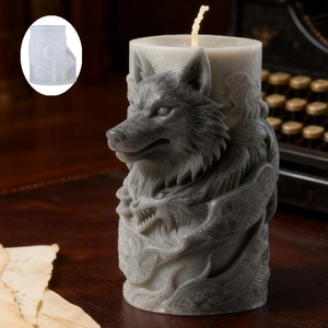 Close-up of wolf head embossed candle with vintage background and silicone mold inlay