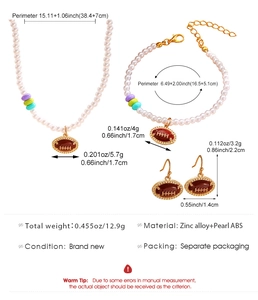 Détails de la parure de bijoux rugby et perles avec mesures du collier et bracelet