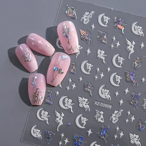 Detailed holographic laser nail stickers with silver heart and fairy wing patterns