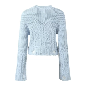 Detail of light blue cable knit sweater showing textured hollow-out distressed back design