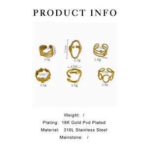 Size guide for 18K gold plated stainless steel geometric rings with detailed dimensions