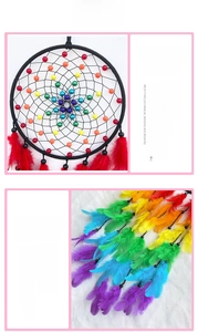 Macro detail of handmade rainbow dreamcatcher with colorful beads and premium feathers