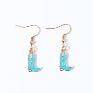 Fashionable blue cowboy boot drop earrings with gold metallic edges for women