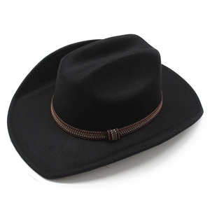 Detail of the black wool western cowboy hat with a colorful woven decorative band