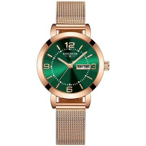 Luminous quartz watch for women with green dial and rose gold mesh strap