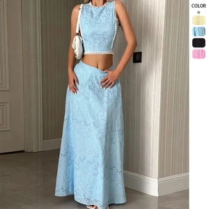 Ensemble Haut Et Bas Pour Femme Vacances D'été Broderie Anglaise Débardeur Court Jupe Longue Taille Haute Plissée Bord Festonné