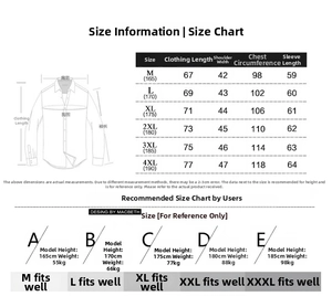 Detailed size chart for men's knit cardigan with measurements and fit recommendations